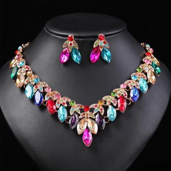 Crystal Floral Statement Necklace Earring Rhinestone Bib Collar Chunky Necklace - Picture 5 of 7